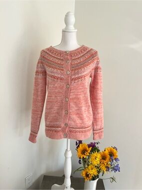 Sundance Women's Wool Mohair Peach/Pink Fair Isle Button-Front Cardigan Sweater